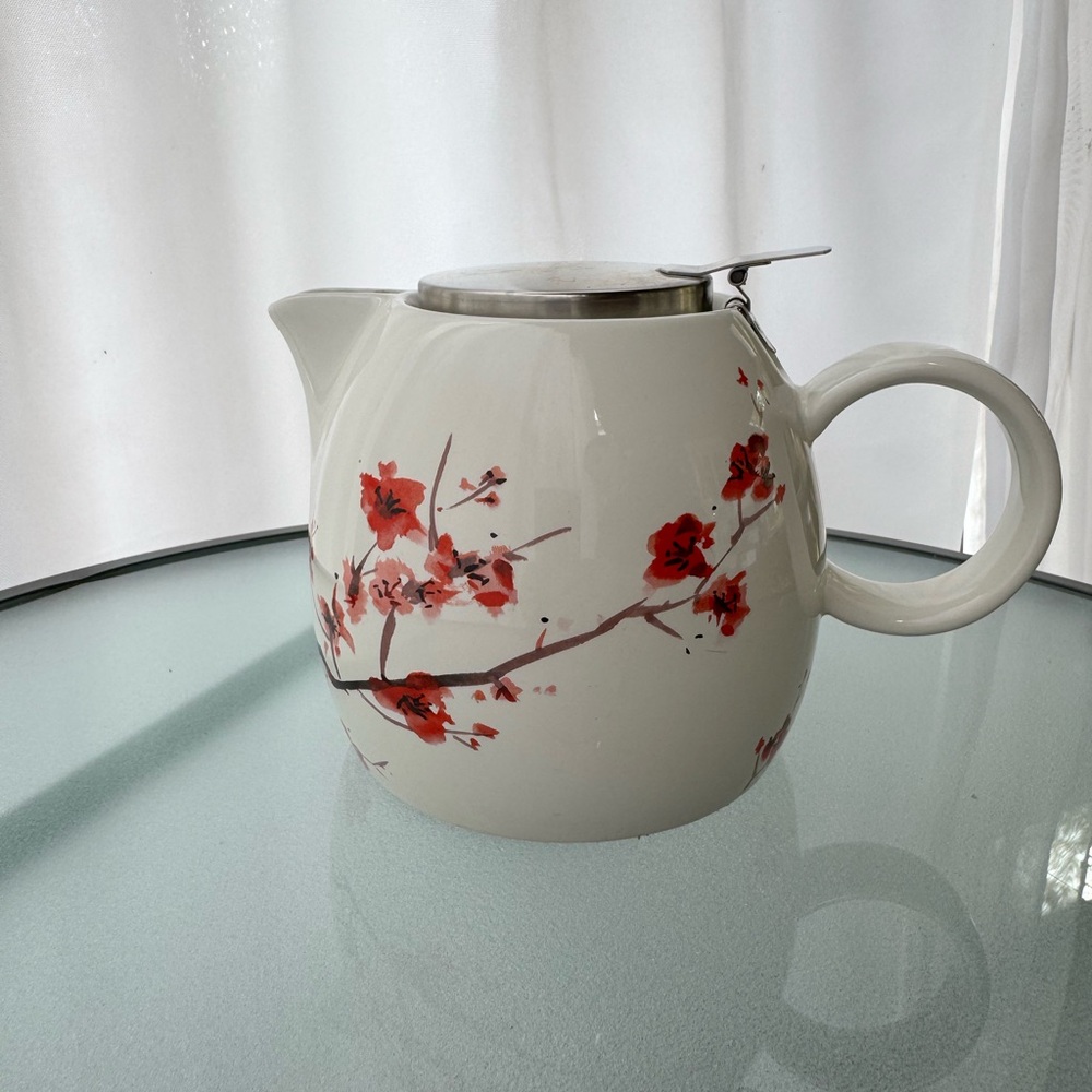 Charming Ceramic Teapot with Red Floral Design